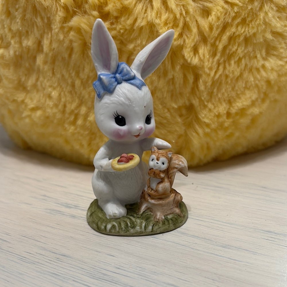 Charming White Bunny Figurine with Blue Bow